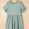 Elegant Grass Green Ruffle Trim Short Sleeve Plus Size Flared Mini Dress - Image 6