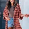 Women's Red Plaid Long Sleeve Side Split Distressed Hem Shirt - Image 6