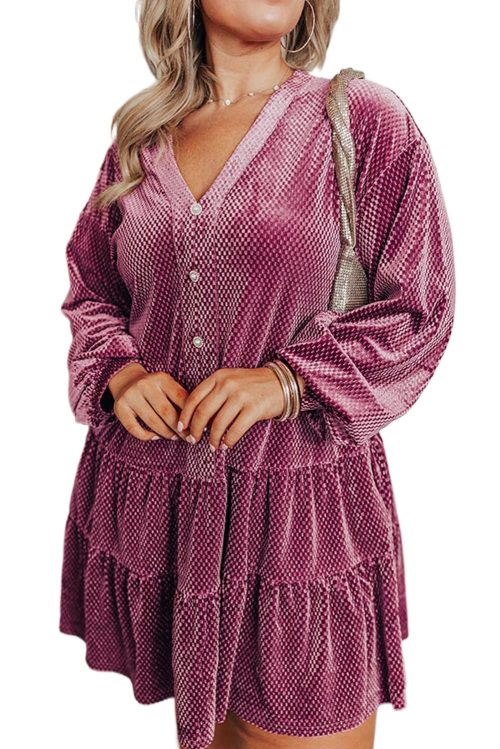 Plus Size Velvet Meadow Mauve Tiered Buttons Dress with V Neck