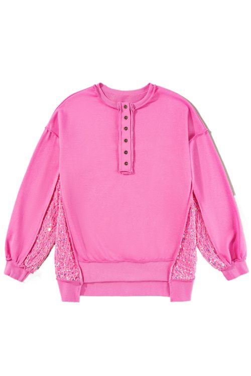 Women's Bonbon Sequin Patchwork High Low Hem Henley Sweatshirt - Chic Casual Pullover