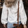 Elegant White Eyelet Embroidered Puff Sleeve V Neck Blouse for Women - Image 2