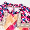 Women's Rose Red Abstract Geometric Patchwork Puff Sleeve Blouse - Image 10