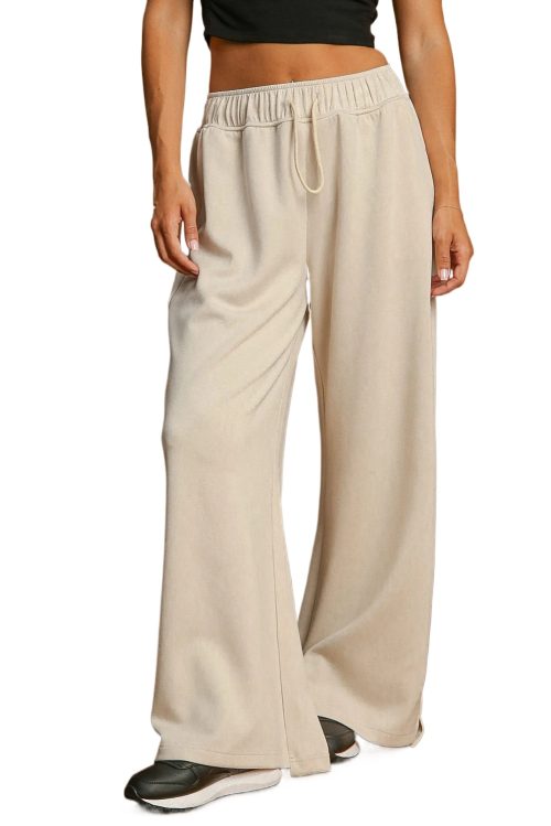 Women's Apricot Loop Drawstring Casual Wide Leg Pants with Pockets