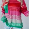 Women's Rose Striped Knit Drop Shoulder Sweater with Patch Pocket - Image 8