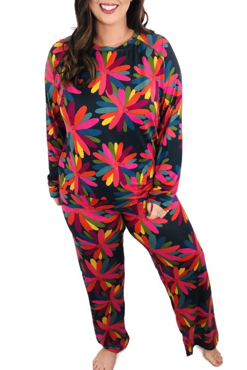 Black Plus Size Printed Long Sleeve and Pants Lounge Set for Women