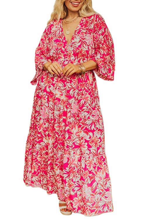 Rose Plus Size Floral V Neck Wide Sleeve Maxi Dress for Curvy Women