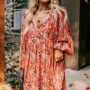 Plus Size Orange Floral Print Split V Neck Bubble Sleeve Midi Dress - Image 7