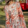 Women's Orange Floral Print Deep V Neck Knot Bell Sleeve Blouse - Chic & Feminine - Image 2