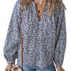 Women's Elegant Blue Floral Print Notched V Neck Puff Sleeve Blouse - Image 14