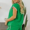 Women's Bright Green Two Tone Contrast Textured Crewneck Tee and Shorts Set - Image 2