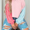 Trendy Women's Pink Corded Colorblock Patchwork Long Sleeve Top - Image 3