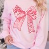 Women's Pink Leopard Bowknot Printed Crewneck Sweatshirt - Image 2