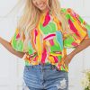 Women's Multicolour Abstract Print Pleated Half Sleeve Blouse with Keyhole Back - Image 7