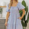 Women's Sky Blue Stripe Bubble Sleeve Square Neck Ruched Pocketed Babydoll Dress - Image 5