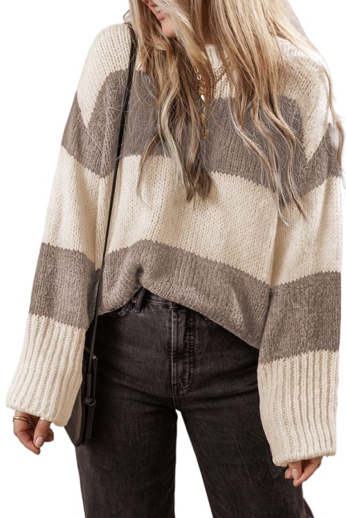 Women's Simply Taupe Colorblock Loose Pullover Sweater - Cozy Casual Knit