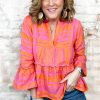 Plus Size Vitality Orange Geometric Embroidered Bell Sleeve Babydoll Blouse - Image 5