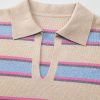 Women's Apricot Stripe Collared V Neck Drop Shoulder Loose Sweater - Cozy & Chic - Image 13