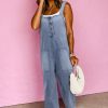 Women's Stone Blue Washed Denim Half Button Wide Leg Overalls with Pockets - Image 3