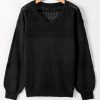 Women's Black Eyelet Pattern V Neck Drop Shoulder Sweater - Casual and Stylish for Fall - Image 7