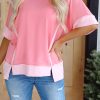 Women's Peach Blossom Half Sleeve Top with Raw Seam and High Low Side Split - Image 9