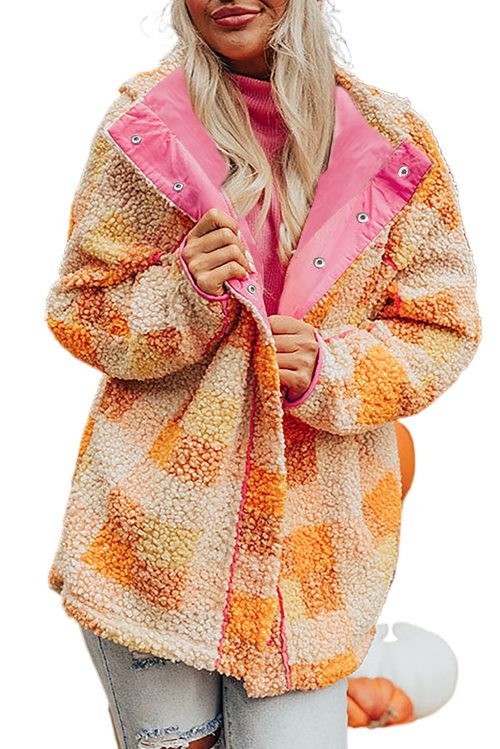 Women's Orange Checkered Sherpa Hooded Jacket