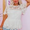 Elegant White Short Sleeve Scalloped Floral Lace Peplum Blouse for Women - Image 3