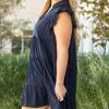 Elegant Navy Blue Plus Size Dress with Collared V Neck and Flutter Sleeves - Image 2