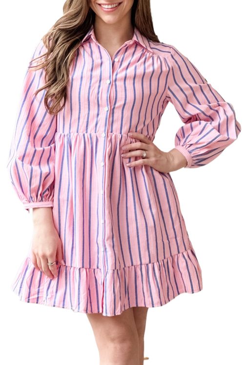 Women's Pink Stripe Ruffled Hem Button-up Collared Mini Dress