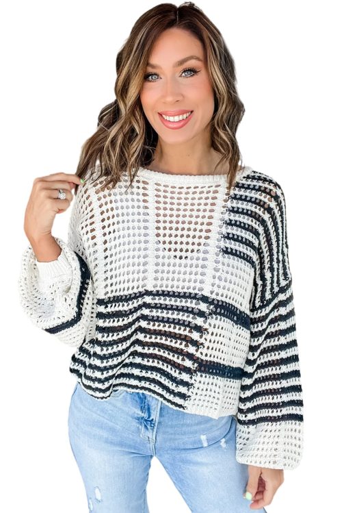 Women's White Stripe Hollow-out Openwork Knit Puff Sleeve Sweater