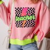 Women's Pink Teacher Lightning Checkered Print Color Block Sweatshirt - Image 6