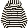 Women's White Stripe V Neck Pocketed Drawstring Hooded Sweater - Cozy Casual Style - Image 13