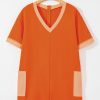 Women's Russet Orange Two-Tone Short Sleeve V Neck Loose Romper with Patched Pockets - Image 3