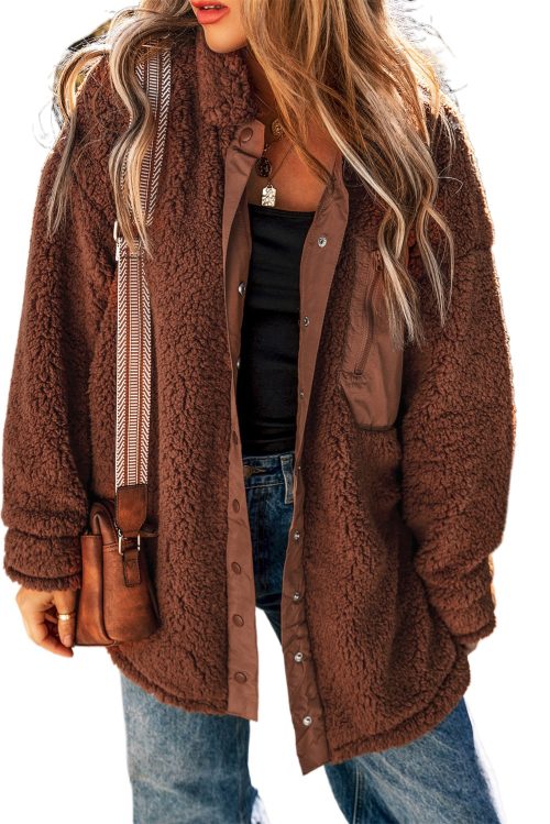 Women's Red Clay Faux Shearling Teddy Bear Long Sleeve Jacket