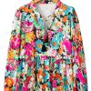 Women's Multicolour Floral Print Bubble Sleeve Ruffled V Neck Blouse - Image 8