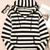 Women's White Stripe V Neck Pocketed Drawstring Hooded Sweater - Cozy Casual Style - Image 4