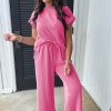 Bright Pink Solid Corded Knit Short Sleeve T-Shirt and Wide Leg Pants Set for Women - Image 2