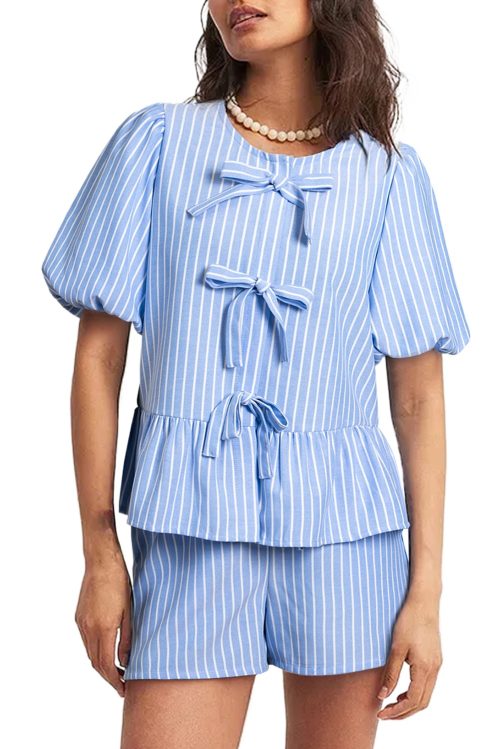 Women's Sky Blue Striped Bowknot Detail Puffy Sleeve Top and Shorts 2-Piece Set