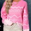 Women's Pink Aztec Geometric Drop Shoulder Casual Sweater - Image 10