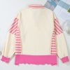 Women's Pink Stripe Colorblock Patchwork Collared French Terry Knit Top - Image 8