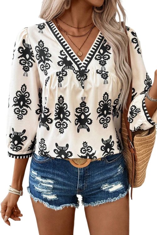 Women's Beige Vintage Geometric Printed 3/4 Sleeve V Neck Blouse