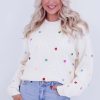 Women's Beige Sequin Heart Shape Waffle Knit Round Neck Sweater - Cozy & Stylish - Image 3