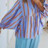 Women's Sky Blue Stripe Crinkled Ruffled Sleeve Button Up Loose Shirt - Image 6