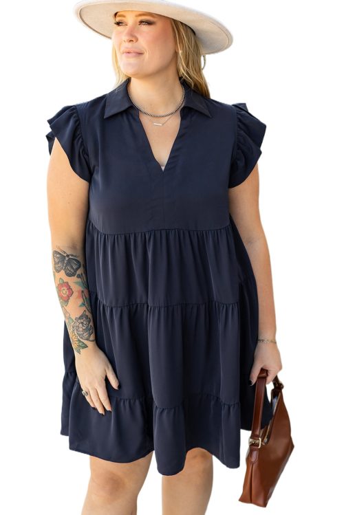 Elegant Navy Blue Plus Size Dress with Collared V Neck and Flutter Sleeves