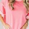 Women's Peach Blossom Half Sleeve Top with Raw Seam and High Low Side Split - Image 10