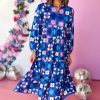 Women's Blue Floral Peasant Sleeve Tiered Ruffle Midi Dress - Image 2