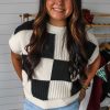 Women's Black Checkered Color Block Crew Neck Short Sleeve Sweater - Image 2