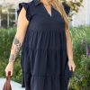 Elegant Navy Blue Plus Size Dress with Collared V Neck and Flutter Sleeves - Image 3