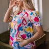 Women's Multicolour Abstract Print Blouse with Lace Detail and Shirred Short Sleeves - Image 3