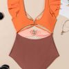 Elegant Orange Ruffle Sleeve Tricolor Cutout Front Ring One Piece Swimsuit - Image 24