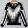 Women's Elegant Black Stripe Crochet Hollow-Out Back V Neck Top with Buttoned Shoulders - Image 5